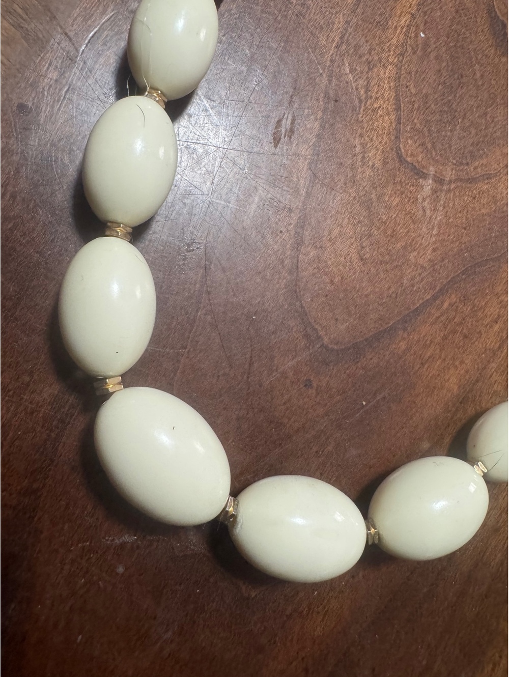 Vintage Cream Oval Bead Statement Necklace with Gold-Tone Textured Ball Clasp,